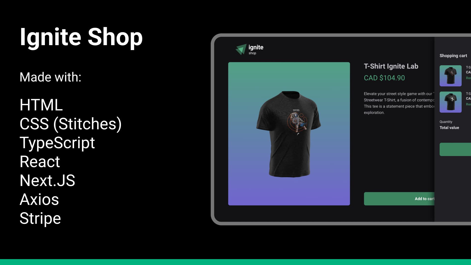 Ignite Shop app mockup, made with HTML, CSS (Stitches), TypeScript, React, NextJS, Axios, Stripe