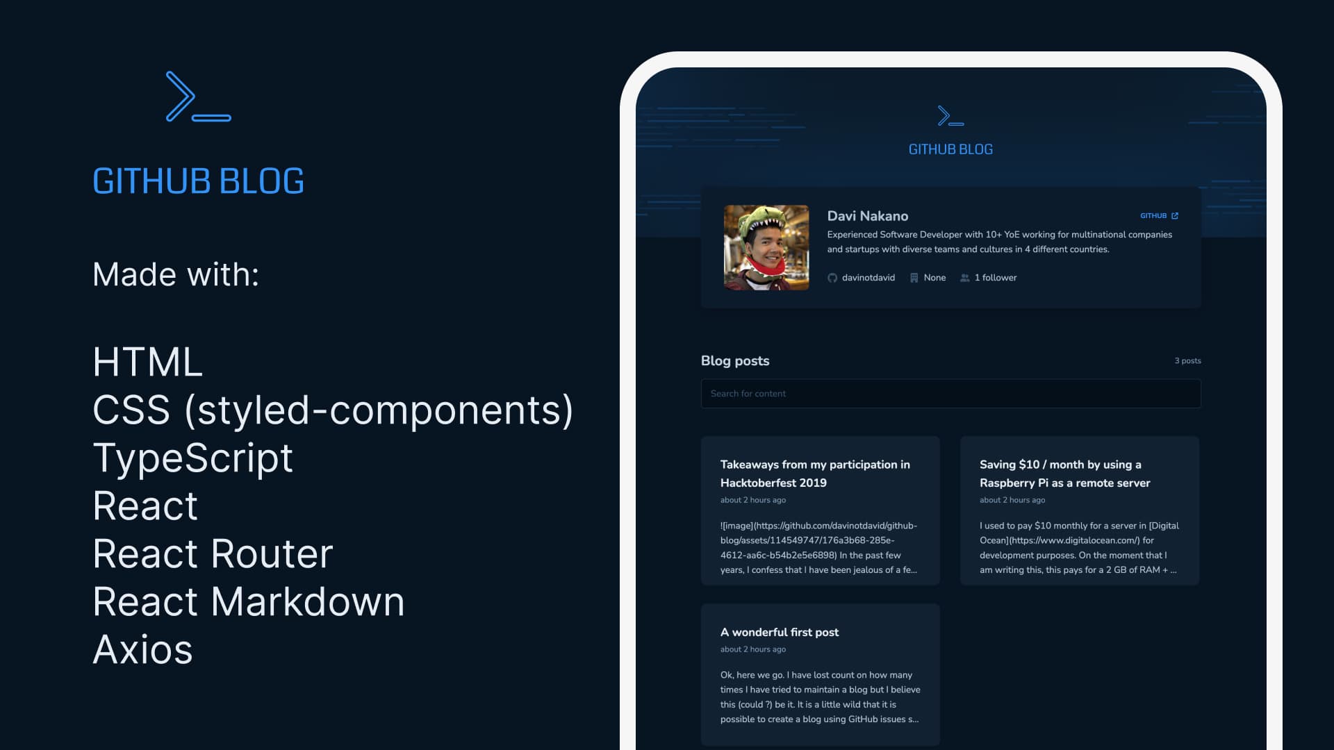 GitHub Blog tablet mockup, made with HTML, CSS (styled-components), TypeScript, React, React Router, React Markdown, Axios