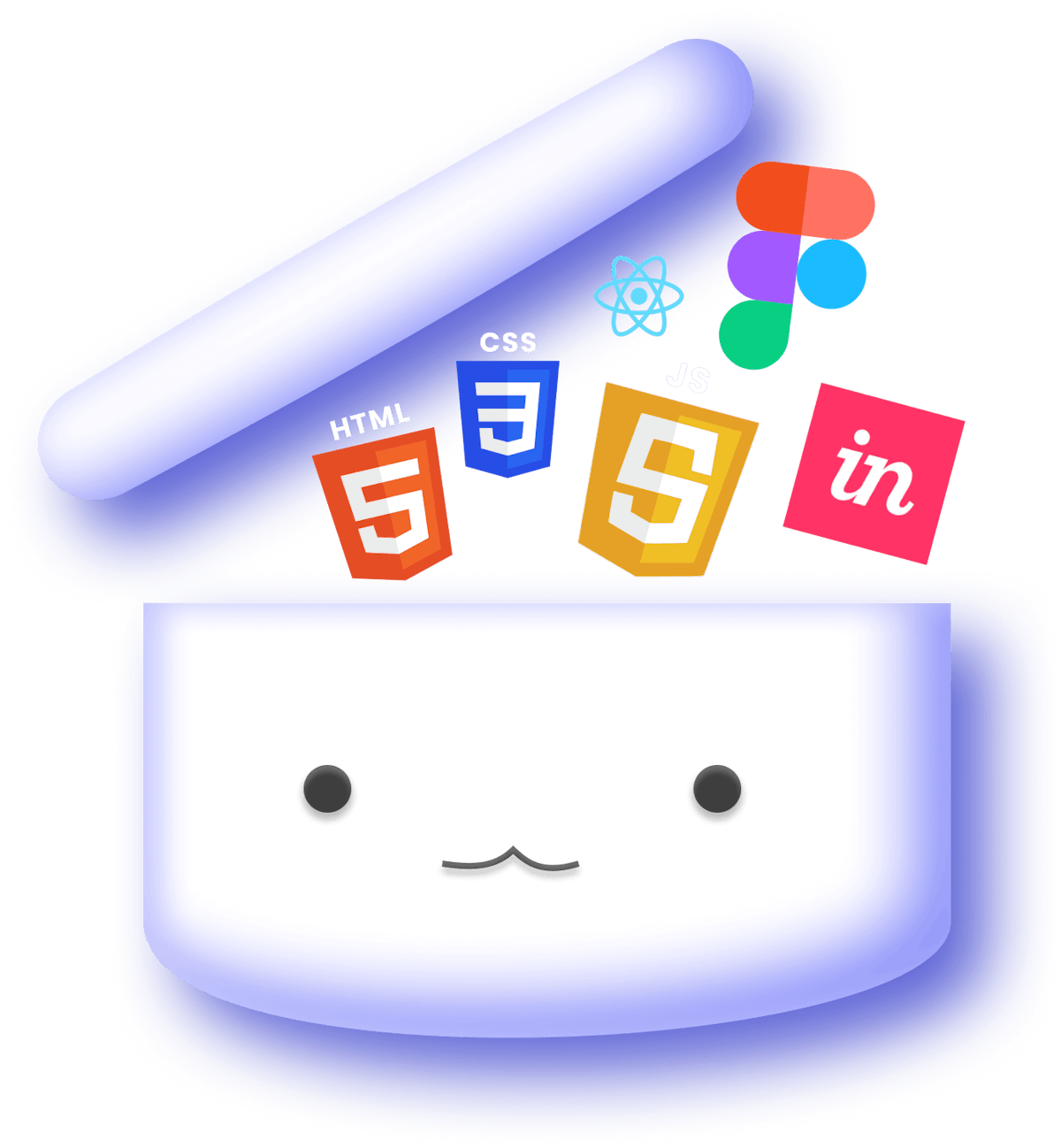 A cloud head with HTML, CSS, JS, React, Figma and InVision logos coming out of it.