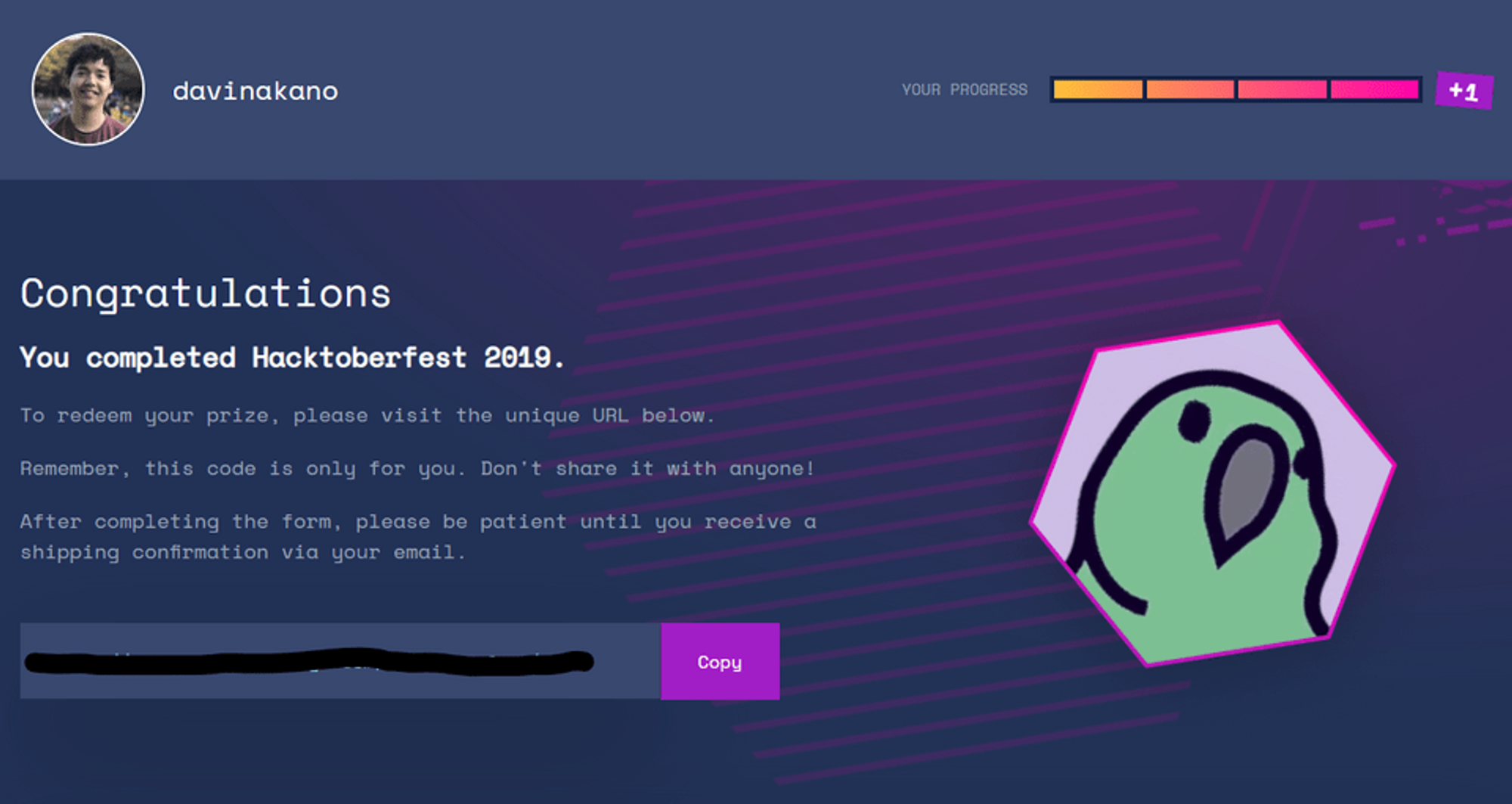 Screenshot of the 2019 Hacktoberfest completion screen