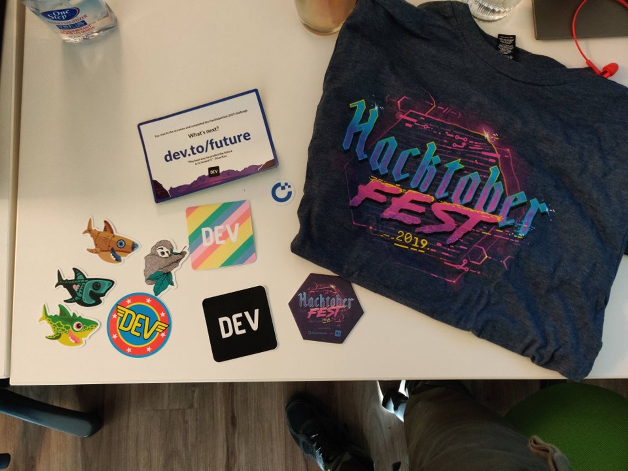 Developer related stickers and a 2019 Hacktoberfest t-shirt